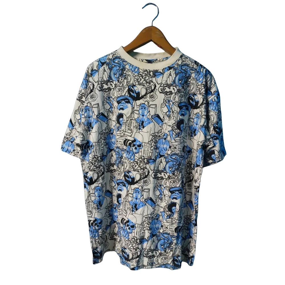 Vintage‎ Give Me Face T Shirt Mens 3XL Blue Graphic All Over Print 90s Y2K Hip